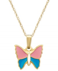 The perfect gift for the little girl who loves butterflies. This sweet pendant features a splash of pink and blue enamel set in 14k gold. Approximate length: 16 inches. Approximate drop: 1/2 inch.