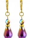 Earrings - E421 - Faceted Fire Polished Glass Hung on Gold Plated Leverbacks ~ Vitral Multi (Aqua, Purple, Blue, Gold) Iridescent Teardrop