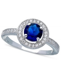 This dazzling ring by CRISLU features a glamorous sapphire-colored, round-cut cubic zirconia (1-1/5 ct. t.w.) accented by sparkling round-cut clear cubic zirconias. Set in platinum over sterling silver. Size 5, 6, 7, 8 and 9.