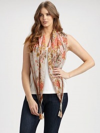 This square-shaped scarf features a gorgeous design in full bloom.Tassel detailsAbout 42 X 42SilkHand washImported