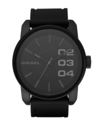 Make a bold move and don't look back. Watch by Diesel crafted of black silicone strap and round black ion-plated stainless steel case, 46mm. Matte black dial features numerals at two, three and four o'clock, stick indices, minute track, logo and luminous hands. Quartz movement. Water resistant to 100 meters. Two-year limited warranty.