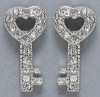 Small Silver Rhodium Plated Sparkling Clear Crystal Open Heart Shaped 1/2 Key Stud Earrings