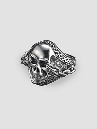 Uniquely engraved sterling silver with a detailed skull motif. About 1 X 1 Made in USA