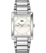 Build your image with this classic Lacoste watch. Stainless steel bracelet and rectangular case. White dial with logo, silvertone stick indices and date window. Quartz movement. Water resistant to 30 meters. Two-year limited warranty.