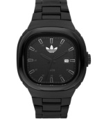 Sleek enough for work or play, Seoul watch by adidas crafted of black plastic bracelet and square black nylon case with black aluminum bezel. Black grid-patterned dial features applied silver tone stick indices, military time, date window at three o'clock, three black hands and logo at twelve o'clock. Quartz movement. Water resistant to 50 meters. Two-year limited warranty.