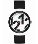 As bold as the world of Lacoste. This unisex Goa watch is crafted of black silicone strap and round white plastic case with a black bezel. White dial features oversized printed black numerals, cut-out hour and minute hand, red second hand, and iconic crocodile logo at twelve o'clock. Quartz movement. Water resistant to 30 meters. Two-year limited warranty.