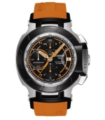 Inspired by the world of moto-racing, the T-Race Moto GP watch by Tissot blends winning details with speedy precision. Crafted of orange rubber bracelet and round stainless steel case with black bezel. Black chronograph dial features tachymeter scale, minute track, date window at three o'clock, orange three hands, three subdials and logo. Swiss automatic movement. Water resistant to 100 meters. Two-year limited warranty.