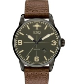 A vintage take on a classic look: an aviation-inspired timepiece from ESQ by Movado. Crafted of dark brown distressed leather strap and round gray PVD-finished stainless steel case. Black aviation-inspired dial with applied stick indices, numerals at three, six and nine o'clock, date window at four o'clock, three hands and plane logo at twelve o'clock. Swiss quartz movement. Water resistant to 50 meters. Two-year limited warranty.