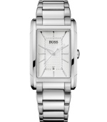 Dress up or down, this sleek Hugo Boss timepiece will make you the center of attention. Crafted of stainless steel bracelet and rectangular case. Silver tone dial with grid-patterned inner dial, applied stick indices, three hands, logo at twelve o'clock and date window at six o'clock. Quartz movement. Water resistant to 30 meters. Two-year limited warranty.