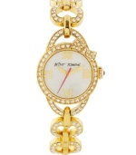 A gem of a timepiece you will love to love, from Betsey Johnson. Crafted of gold tone stainless steel heart-shaped linked bracelet with set crystal accents and round case. Bezel embellished with crystal accents and sculpted bow. White mother-of-pearl dial features applied gold tone Roman numerals at three, six, nine and twelve o'clock, gold tone hour and minute hands, signature fuchsia second hand and logo at twelve o'clock. Quartz movement. Water resistant to 30 meters. Two-year limited warranty.