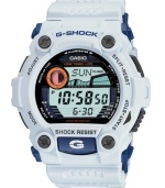 By land or by sea, this G-Shock watch stands strong. White resin strap and round case. Logo and four lugs at bezel. Shock-resistant and low temperature-resistant digital display dial features tide graph, auto EL backlight with afterglow, flash alert, moon data, world time, four daily alarms, one snooze timer and countdown timer. Quartz movement. Water resistant to 200 meters. One-year limited warranty.