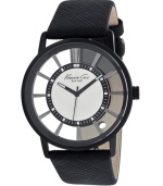 Textured leather and a translucent case combine for modern effect on this unique watch by Kenneth Cole New York. Black leather strap and translucent case. White dial features stick indices, luminous hands and logo. Quartz movement. Water resistant to 30 meters. Limited lifetime warranty.