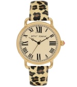 Have a taste of the untamed with this wild watch by Betsey Johnson. Brown and black leopard print patent leather strap and round gold tone stainless steel case. Champagne dial features black Roman numerals, minute track, three hands and logo. Quartz movement. Water resistant to 30 meters. Two-year limited warranty.