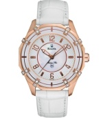 Spice up your look with a touch of the luxurious life. Marine Star watch by Bulova crafted of white croc-embossed leather strap and round rose-gold tone stainless steel case with 16 diamond accents. White mother-of-pearl dial features applied rose-gold tone numerals and stick indices, three hands and logo. Quartz movement. Water resistant to 50 meters. Three-year limited warranty.