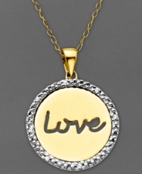 Let love reign supreme. Keep symbolic sentiments close to your heart with this polished Love circle pendant. Crafted in 14k gold with a sparkling diamond accented edges. Approximate length: 16 inches. Approximate drop: 5/8 inch.