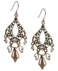 Embellished appeal. Lucky Brand does a little something extra with its pair of drop earrings. Crafted form gold-tone mixed metal with an openwork pattern, the earrings also feature dangling pieces for a stylish touch. Approximate drop: 2-1/4 inches.