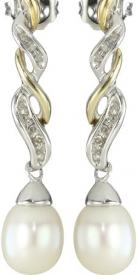 S&G Sterling Silver and 14k Yellow Gold Freshwater Cultured Pearl and Diamond Drop Earrings (0.06 cttw, I-J Color, I3 Clarity)