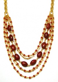 Rachel Reinhardt Caroline 14k Gold Plated Six Strand Necklace with Red Turquoise Beads and Dagger Chain