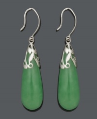 Spruce up your look with chic drops in pure jade (10 mm x 30 mm). Earrings feature a teardrop design with an ornate sterling silver setting. Approximate drop: 2 inches.