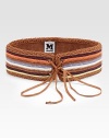 A multi-striped crochet belt with a lace-up closure and bohemian appeal. GrommetsWidth, about 397% cotton/2% nylon/1% elastaneDry cleanMade in Italy