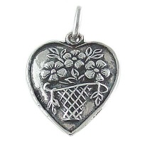 Puffy Flower Basket Heart Vintage Style 925 Sterling Silver Traditional Charm or Pendant