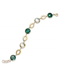 Get noticed in green. Add an ultra-sultry shimmer to your look in this Brasilian-themed bracelet. Round-cut dyed green sapphires (21-1/2 ct. t.w.) and green quartz (10-3/8 ct. t.w.) wrap elegantly around your wrist. Set in 14k gold. Approximate length: 7-1/2 inches.