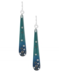 Deep blue sea hues from Kenneth Cole New York. These linear earrings feature blue green resin drops accented with pave crystals. Approximate drop: 2-1/4 inches.