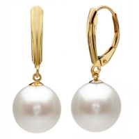 14k Yellow Gold 9-10mm Perfect Round White Cultured Freshwater Pearl High Luster, Leverback Earring AAA Quality.