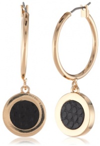 Anne Klein Dalton Black Gold-Tone Black Leather hoop Drop Earrings