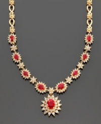 Experience timeless beauty with Royalty Inspired by Effy Collection's lovely necklace featuring oval-cut rubies (4-3/8 ct. t.w.) and round-cut diamonds (2-1/3 ct. t.w.). Crafted in 14k gold. Approximate length: 18 inches. Approximate drop: 3/4 inch.