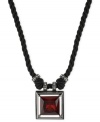 Dark tones dazzle in this pendant from Kenneth Cole New York. Dangling from a twisted cord is a square pendant crafted from hematite-tone mixed metal with a red faceted stone at the center for a bold statement.  Approximate length: 18 inches + 3-inch extender. Approximate drop: 2 inches.