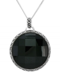 Elegant in onyx. Genevieve & Grace puts a faceted onyx (26 ct. t.w.) front and center in its necklace and pendant, with marcasite adding to the appeal. Set in sterling silver. Approximate length: 18 inches. Approximate drop: 1-5/8 inches. Approximate diameter: 1-1/4 inches.