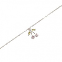 Sterling Silver 9 + 1 Inch Extension Rhodium Plated Anklet with CZ Cherry Drop