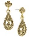 Featuring an intricate teardrop silhouette, 2028's drop earrings are embellished with light Colorado and topaz glass stones. Crafted in gold tone mixed metal. Approximate drop: 1-1/2 inches.