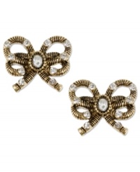 Industrial beauties. These sweet Betsey Johnson earrings feature golden rope bows with crystal accents. Set in gold tone mixed metal. Approximate drop: 3/5 inch.