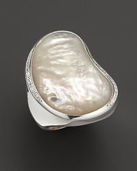 Pavé diamonds add starry texture to this mother-of-pearl cabochon, set in sculpted sterling silver.