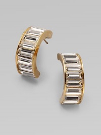 An elegant style with baguette rhinestones in a goldtone setting. Goldtone brassLength, about ¾14k gold post backImported 