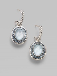 From the Bedeg Collection. A pretty oval drop, centered by faceted sky blue topaz and framed in Swiss blue topaz, hangs from a delicate fluted arc of sterling silver.Sky blue and Swiss blue topaz Sterling silver Length, about 1¼ Post back Imported