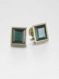 From the Cocktail Collection. Emerald in cut and emerald in color, these graceful squares of beveled glass have a simple golden setting.GlassGoldtoneAbout .5 squarePost backImported