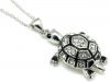 Adorable Silver Plated 3-D Turtle Charm Necklace with Austrian Crystals and Black Enamel