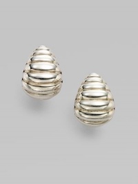 From the Bedeg Collection. Bold, tapered arcs of sterling silver in a Buddha belly shape with a ribbed texture.Sterling silver Length, about ¾ Width, about ½ Post back Made in Bali