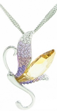 Stylized Dragonfly Swarovski Elements Crystal Pendant Necklace (Purple) W 18k White Gold Plated Double Chain