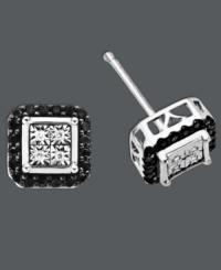 Contrasting sparkle that's contemporary and chic. Crafted in sterling silver, these square-shaped stud earrings highlight round-cut black diamonds  (1/5 ct. t.w.) and white diamond accents. Approximate diameter: 2/5 inch.