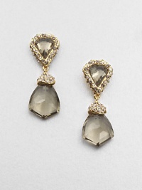 From the Miss Havisham Collection. Shield-shaped drops of faceted smokey quartz exude elegance as they hang from pyrite and white quartz doublets framed in dazzling Swarovski crystals.CrystalWhite quartz, smokey quartz and pyriteGoldtoneLength, about 3.25Post backMade in USA