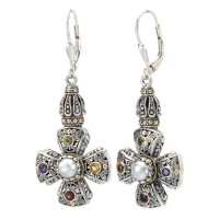 925 Silver, Freshwater Pearl & Multi-Stone Cross Earrings with 18k Gold Accents