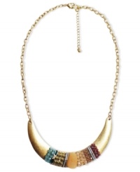 Stand out from the crowd. This statement necklace from Lydell showcases a curved plate embellished with multi-colored acrylic beads. Crafted in 10k gold plated mixed metal. Approximate length: 18 inches + 3-inch extender. Approximate drop: 3/4 inch.