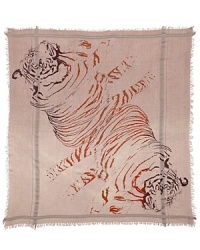 Wild and wearable, this Leigh & Luca NY scarf is printed with two abstract tigers for ferocious flair.Like a work of art, each limited-edition Leigh & Luca NY scarf is numbered and packaged in a signature plastic bag with instructional flag art depicting ways to wear it. All scarves are made on Mongolian looms over 100 years old.