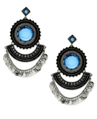 Alluring baby blues. Bar III's unique drop earrings feature a a three-row chandelier style with ornate designs embellished with blue acrylic stones and shimmery silver tone circles. Approximate drop: 3-3/4 inches. Approximate diameter: 1-3/4 inches.