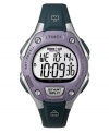 Classic Ironman styling with functions needed by athletes at every level. Watch by Timex crafted of black resin strap and round case. Purple bezel with four silver tone lugs. Positive display digital dial features INDIGLO night-light, chronograph, lap counter, countdown timer and 15 date reminders. Quartz movement. Water resistant to 100 meters. One-year limited warranty.