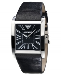 A modern classic. This Emporio Armani watch features a smooth black leather strap and square stainless steel case. Black dial with silvertone Roman numerals and logo, Quartz movement. Water resistant to 30 meters. Two-year limited warranty.